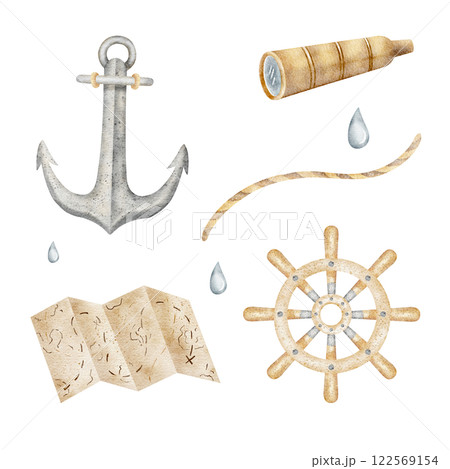 Watercolor set spyglass, anchor, ship wheel. Children's nautical illustration isolated on white. Pirate attributes hand drawn. Clipart for design of cards, posters, invitations, stickers, party 122569154