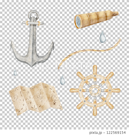 Watercolor set spyglass, anchor, ship wheel. Children's nautical illustration isolated on white. Pirate attributes hand drawn. Clipart for design of cards, posters, invitations, stickers, party 122569154