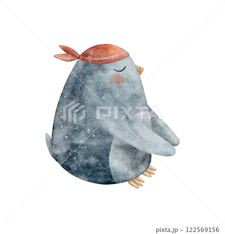 Penguin pirate in red bandana sitting. Watercolor illustration isolated on white, Bird hand drawn in cartoon style for design of children's cards, posters, tableware, clothes, invitations, stickers 122569156