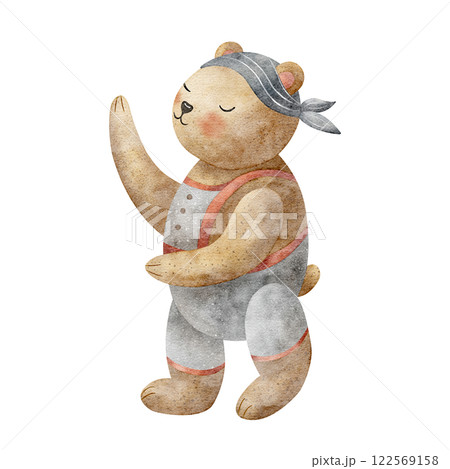 Bear pirate sailor part of the crew. Watercolor illustration isolated on white, hand drawn teddy bear in cartoon style for design children's cards, posters, tableware, clothes, invitations, stickers 122569158
