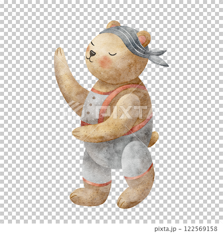 Bear pirate sailor part of the crew. Watercolor illustration isolated on white, hand drawn teddy bear in cartoon style for design children's cards, posters, tableware, clothes, invitations, stickers 122569158