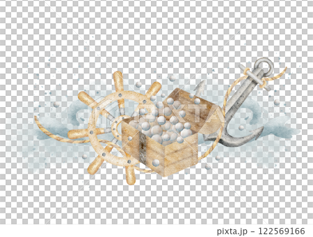 Anchor steering wheel of the ship chest bubbles waves splashes on watercolor spot. Illustration is hand drawn. Marine composition on white design of children's cards posters invitations dishes clothes Anchor steering wheel of the ship chest bubbles waves splashes on watercolor spot. Illustration is hand drawn. Marine composition on white design of children's cards posters invitations dishes clothes 122569166