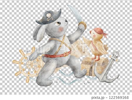 Watercolor composition of hare pirate, parrot sailor, anchor, ship's rudder, map. Illustration of rabbit drawn by hand. Isolate white for design of children's cards posters invitations dishes clothes Watercolor composition of hare pirate, parrot sailor, anchor, ship's rudder, map. Illustration of rabbit drawn by hand. Isolate white for design of children's cards posters invitations dishes clothes 122569168