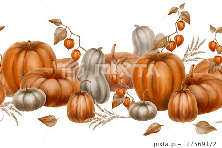 Rustic orange and grey pumpkins in seamless border from the fall harvest as a festive holiday symbol.Decoration for Halloween,Thanksgiving,pie recipe.Watercolor clipart on transparent background 122569172