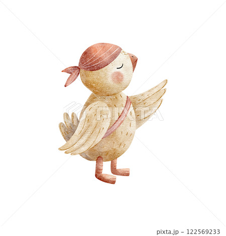 Parrot pirate captain's assistant. Watercolor illustration isolated on white, Bird hand drawn in cartoon style for design of children's cards, posters, tableware, clothes, invitations, stickers 122569233