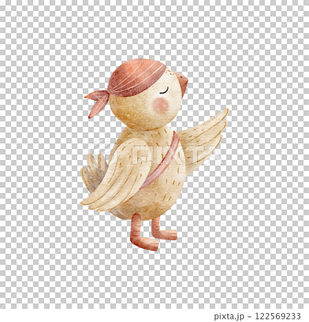 Parrot pirate captain's assistant. Watercolor illustration isolated on white, Bird hand drawn in cartoon style for design of children's cards, posters, tableware, clothes, invitations, stickers 122569233