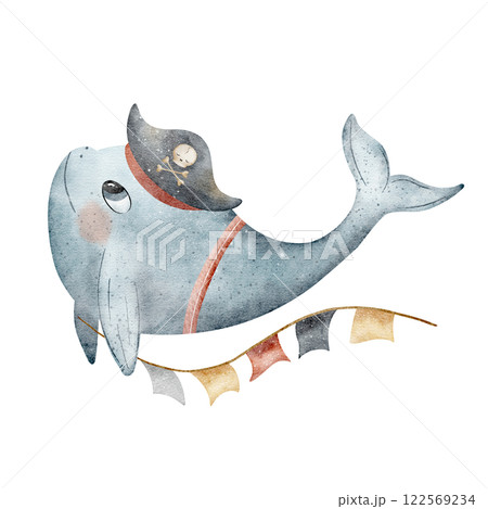 Whale captain pirates in cap garland of flags. Watercolor illustration on white, dolphin hand drawn in cartoon style for design of children's cards, posters, tableware, clothes, invitations, stickers 122569234