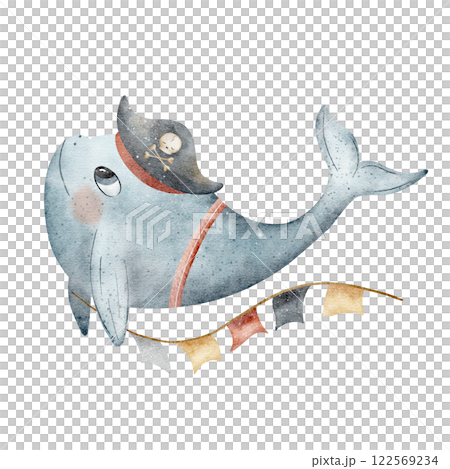 Whale captain pirates in cap garland of flags. Watercolor illustration on white, dolphin hand drawn in cartoon style for design of children's cards, posters, tableware, clothes, invitations, stickers 122569234