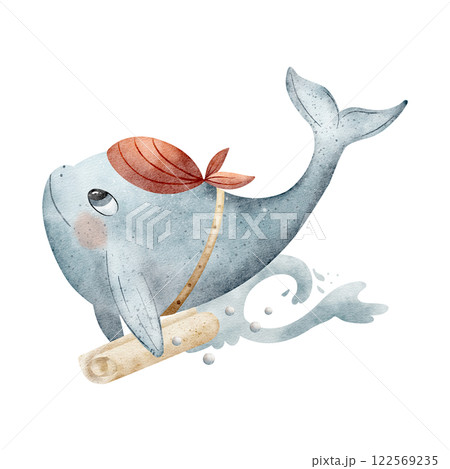 Watercolor composition whale pirate sailor carries a scroll in waves. Isolated illustration dolphin hand drawn in cartoon style design children's cards, posters, dishes, clothes, invitations stickers 122569235