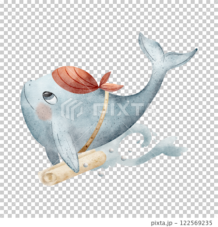Watercolor composition whale pirate sailor carries a scroll in waves. Isolated illustration dolphin hand drawn in cartoon style design children's cards, posters, dishes, clothes, invitations stickers 122569235