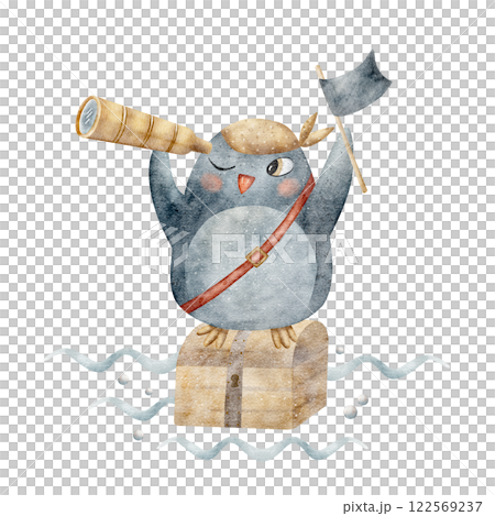 Watercolor composition penguin pirate stands on a chest and holds a spyglass. Marine illustration on white for shower design, bathroom, baby products, cosmetics, labels, poster, postcard, clothes Watercolor composition penguin pirate stands on a chest and holds a spyglass. Marine illustration on white for shower design, bathroom, baby products, cosmetics, labels, poster, postcard, clothes 122569237