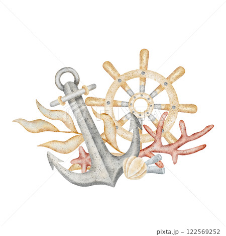Seaweed, corals, anchor, ship's steering wheel. Watercolor illustrations are hand drawn. The composition is isolated on a white background for design postcards, posters, invitations, dishes, clothes 122569252