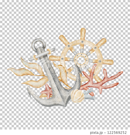 Seaweed, corals, anchor, ship's steering wheel. Watercolor illustrations are hand drawn. The composition is isolated on a white background for design postcards, posters, invitations, dishes, clothes 122569252