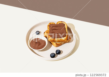 Toasted bread with chocolate cream on a plate with blueberry on a light  background with  shadow. 122569372