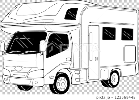 Monochrome line drawing illustration of a forward-facing camper van 122569448