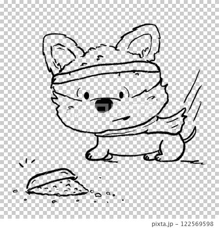 Cute dog spill out food cartoon outline drawing, naughty puppy comic doodle illustration 122569598