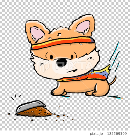 Cute dog spill out food cartoon comic color drawing, naughty puppy and dog food cartoon illustration 122569599