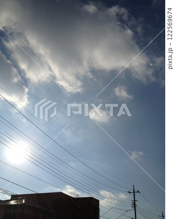 Electric wires, sky, clouds and sun Electric wires, sky, clouds and sun 122569674