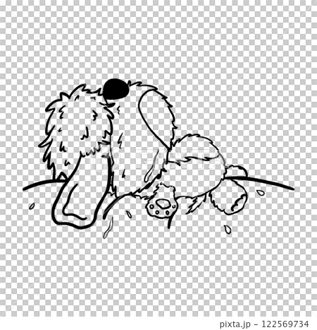 Fluffy dog sleeping outline doodle illustration, furry puppy doll cute comic drawing 122569734