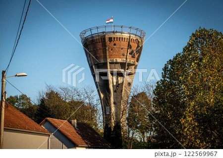 Vukovar water tower destroyed by Yugoslavian war by Serbs. Croatia. Balkans Vukovar water tower destroyed by Yugoslavian war by Serbs. Croatia. Balkans 122569967