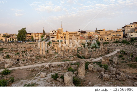 Baalbek ruins with Baalbek new town in the back. Lebanon Baalbek ruins with Baalbek new town in the back. Lebanon 122569980