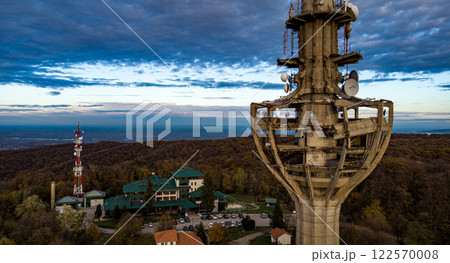 Iriski Venac Tower bombed by NATO with Novi Sad in the back. Vojvodina. Serbia. 122570008