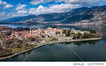 Aerial view of fortress and old city of Ioannina with mosques and lake. Greece. 122570019