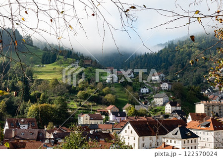 Idrija stunning bucolic view in the autumn. Green hill and old houses. Slovenia Idrija stunning bucolic view in the autumn. Green hill and old houses. Slovenia 122570024