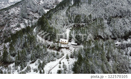 Stunning view of Mokra Gora train station in winter. Tara National Park. Serbia 122570105