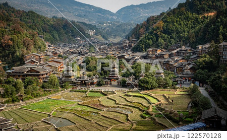 Drone: Zhaoxing Ethnic Dong traditional village surrounded by mountains. China Drone: Zhaoxing Ethnic Dong traditional village surrounded by mountains. China 122570128