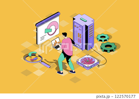 Seo optimization web concept in 3d isometric graphic design. Isometry people scene with man making data analysis, selecting keywords and optimizes site rating and traffic growth. Vector illustration. 122570177