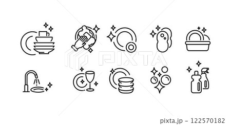 Clean dishes icon set. Thin line clean dishes, clean icon from cleaning collection. Outline vector isolated on white background. Editable clean dishes symbol can be used web and mobile Clean dishes icon set. Thin line clean dishes, clean icon from cleaning collection. Outline vector isolated on white background. Editable clean dishes symbol can be used web and mobile 122570182