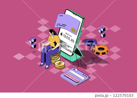Mobile banking web concept in 3d isometric graphic design. Isometry people scene with woman using app for online secure payments, credit card transfers and financial management. Vector illustration. 122570183