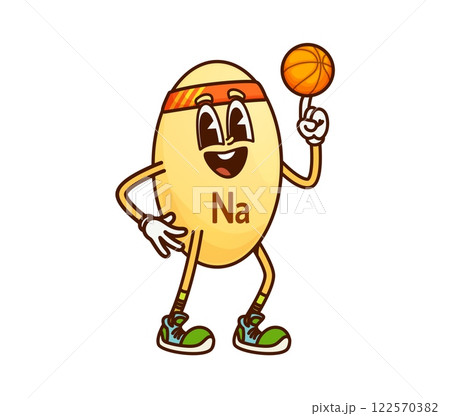 Cartoon sodium vitamin groovy character spins a basketball on its finger with a cheerful expression. Isolated vector Na micronutrient capsule basketball player retro sportsman personage wears sneakers 122570382
