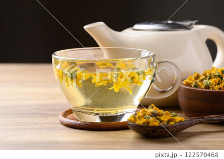 Chrysanthemum tea in cup glass with dried Chrysanthemum flowers, Healthy herbal drink Chrysanthemum tea in cup glass with dried Chrysanthemum flowers, Healthy herbal drink 122570468