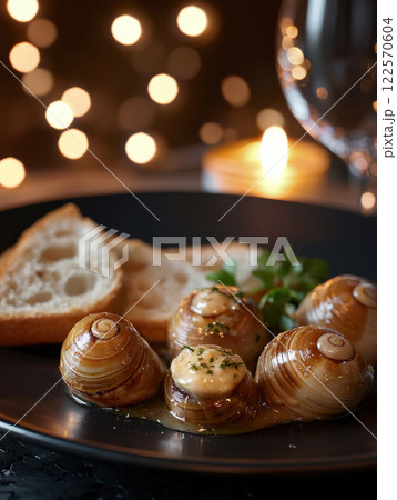 Escargot served with garlic butter and bread on dark plate 122570604