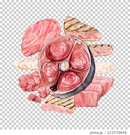 Watercolor illustration of various tuna cuts Watercolor illustration of various tuna cuts 122570648