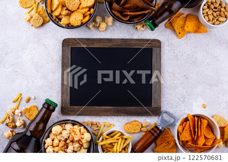 Beer and different snacks for Superbowl or football party 122570681