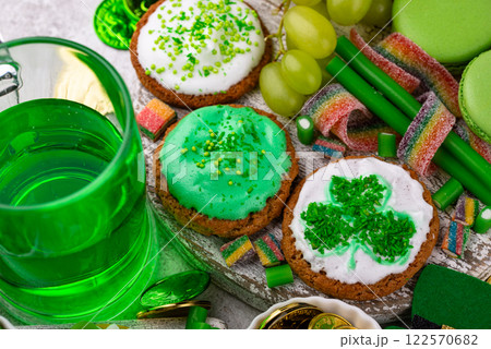 St. Patricks Day party food, green beer and shamrock St. Patricks Day party food, green beer and shamrock 122570682