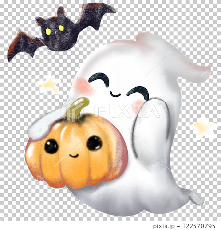 cute ghost with cute pumpkin and black bat cute ghost with cute pumpkin and black bat 122570795