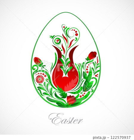Ukrainian style of Petrikovsky painting floral easter egg background. Vector illustration 122570937