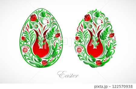 Ukrainian style of Petrikovsky painting floral easter egg background. Vector illustration 122570938