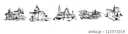 Italian landscape set, vector hand drawn doodle Tuscany nature view, old winery countryside print.  122571019