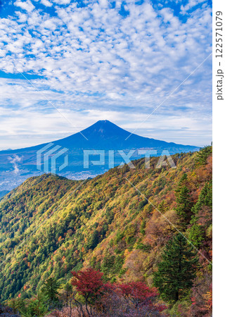 【山梨県】紅葉が美しい三ツ峠山から望む富士山　早朝 122571079