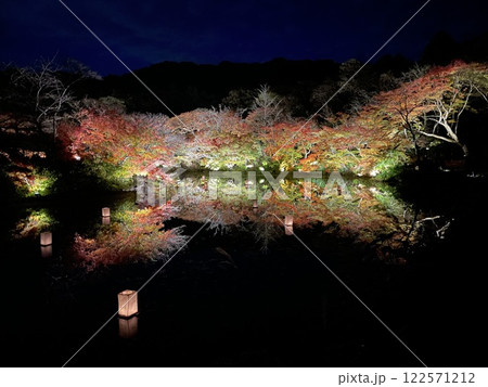 水面に映る紅葉のライトアップ 水面に映る紅葉のライトアップ 122571212