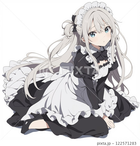 ぺたん座りをするメイド服を着た可愛い少女 122571283