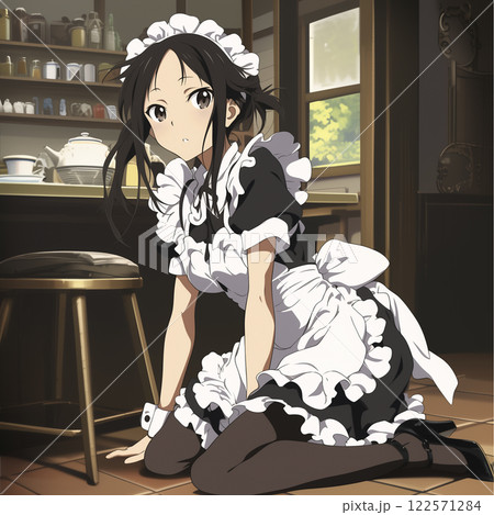 ぺたん座りをするメイド服を着た可愛い少女 ぺたん座りをするメイド服を着た可愛い少女 122571284
