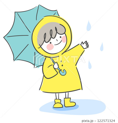 Character illustration of a child wearing an umbrella and a raincoat 122571324