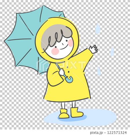Character illustration of a child wearing an umbrella and a raincoat 122571324