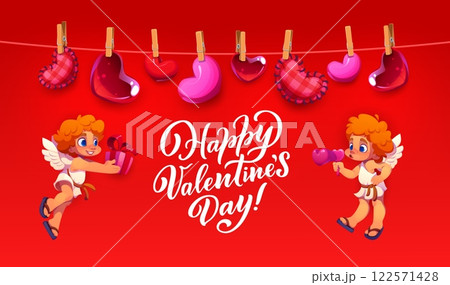 Valentine day greeting card with love hearts and cherubs for holiday, vector banner. Valentine day happy funny cupid angel characters with heart soap bubbles, gift and heart balloons on clothesline 122571428